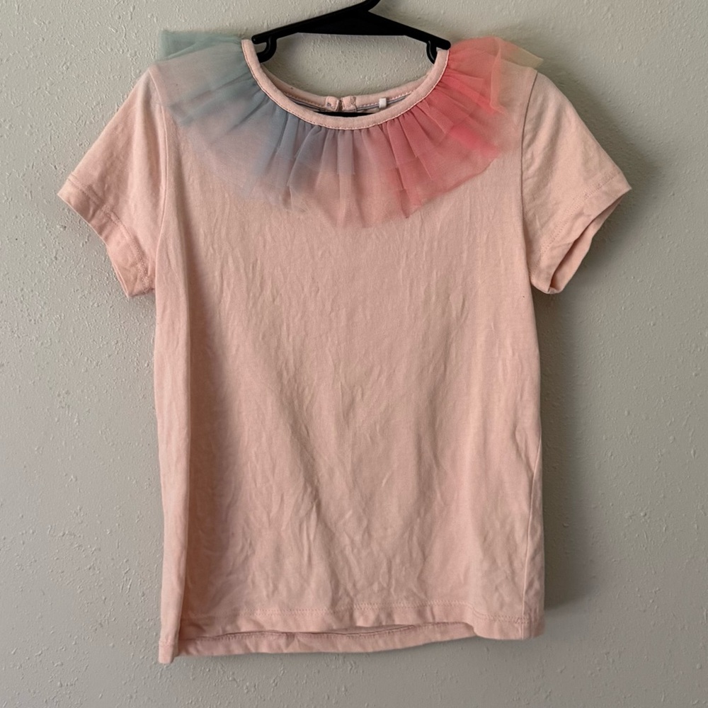 Mini Boden Pink Shirt With Rainbow Tulle Collar Size 5/6